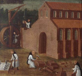 Zisterzienser bauen eine Klosterkirche, Darstellung auf der Stiftertafel des Klosters Maulbronn