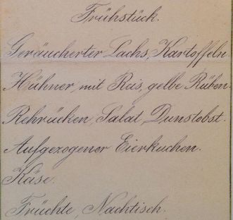 Speisekarte aus Schloss Bebenhausen, Frühstück, 29. November 1906