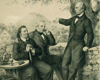 Ludwig Uhland mit Justinus Kerner und Gustav Schwab, Lithografie von Breitschwert um 1850