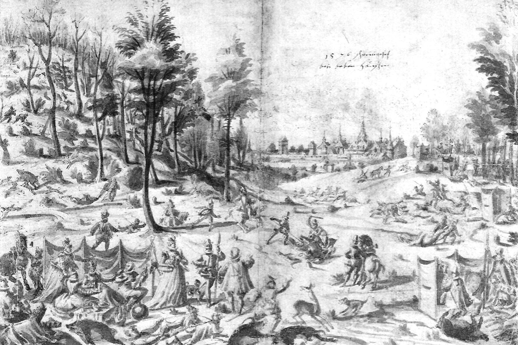 Wild boar hunt at Bebenhausen, washed pen and ink drawing, 1576