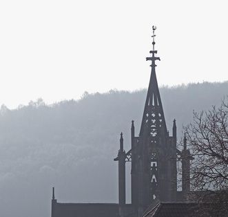 Exterior view of Bebenhausen Monastery, crossing tower in mist