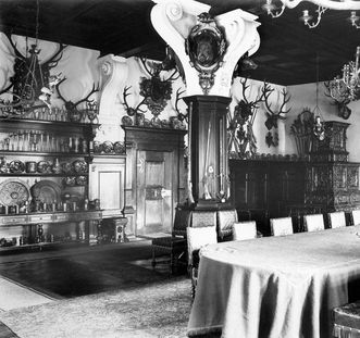 Blue Hall with display silver in Bebenhausen Monastery and Palace, circa 1926