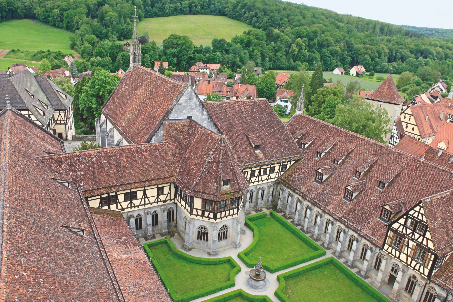 Blick von oben in den Innenhof des Kreuzgangs, Richtung Brunnenhaus