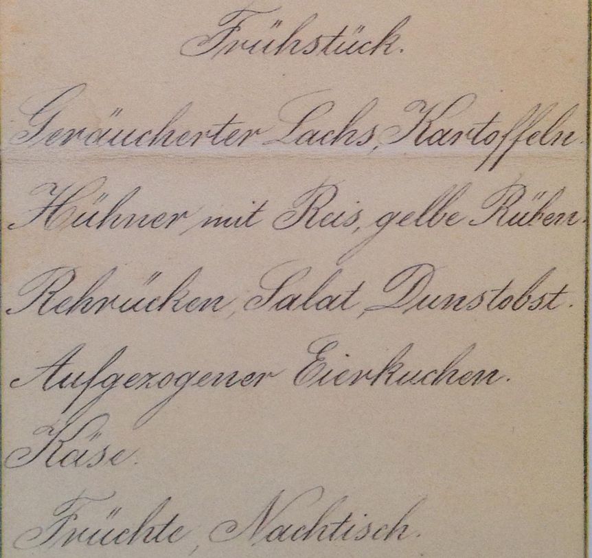 Speisekarte aus Schloss Bebenhausen, Frühstück, 29. November 1906