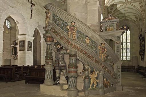 Interior of the church with pulpit by Konrad Wagner, late 16th century, original version with scenes from the Old Testament in Bebenhausen Monastery
